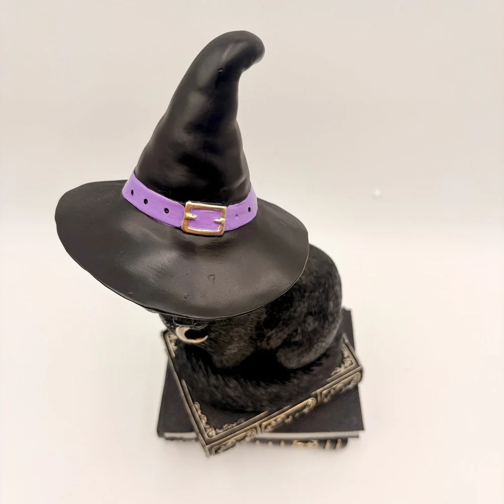 Black Cat Witch Figurine on Spell Books Gothic Halloween Decor Green Eyes Hat